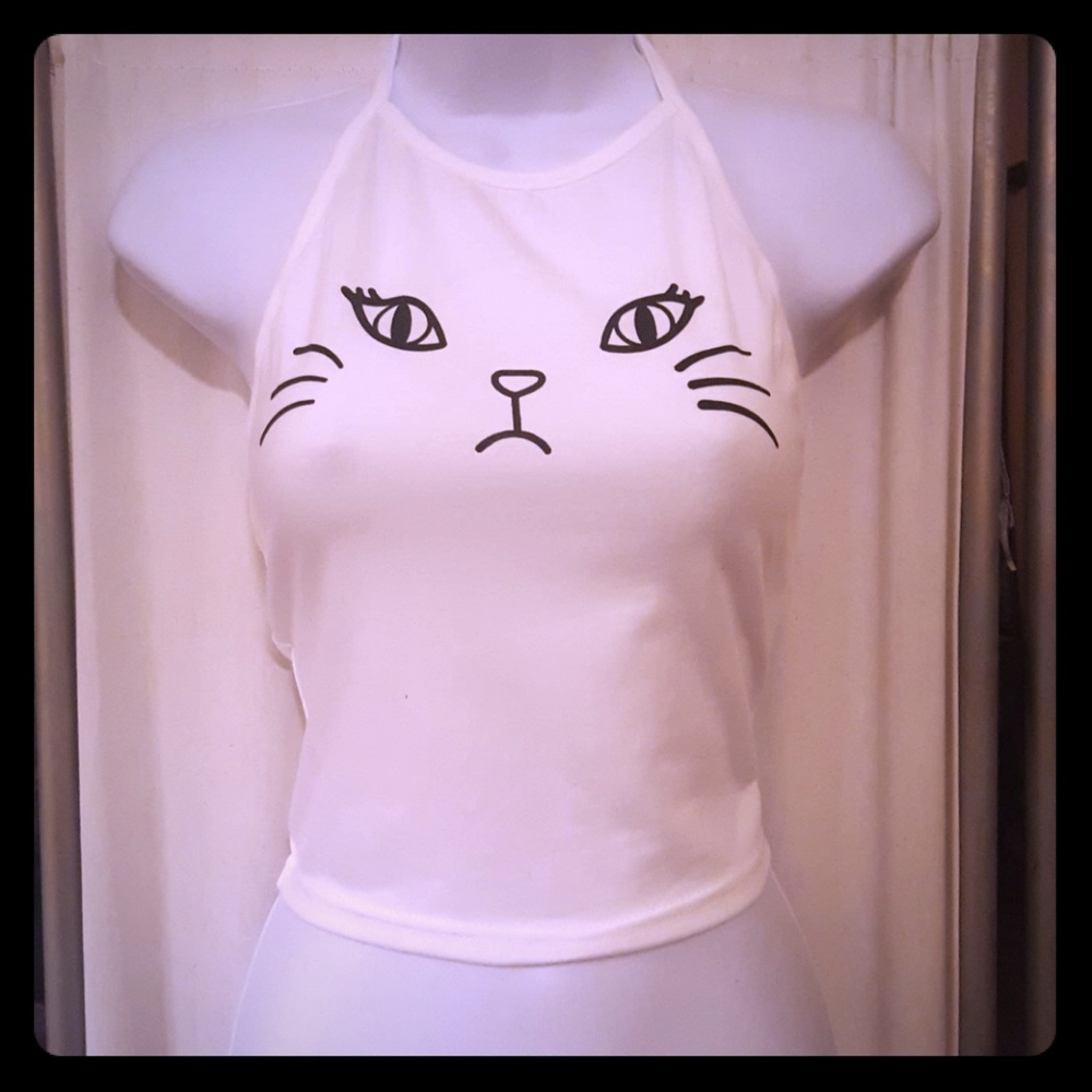 Cat face cropped halter top white